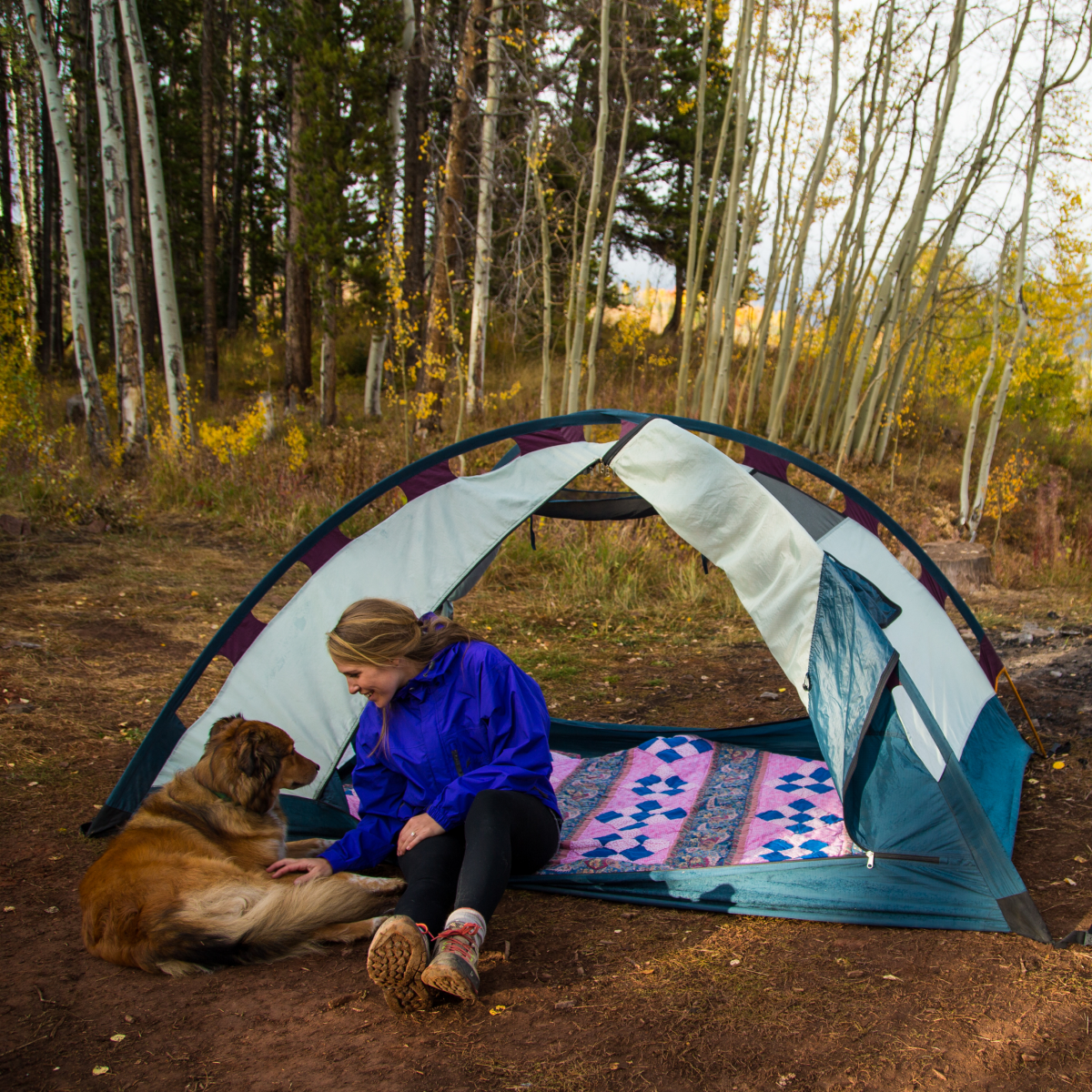 girl and dog at tent
